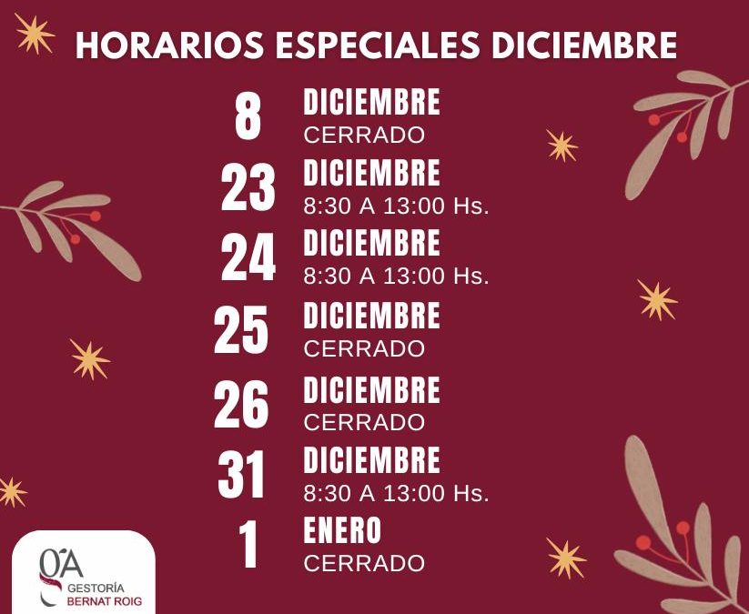 Festivos y Horarios Especiales Diciembre